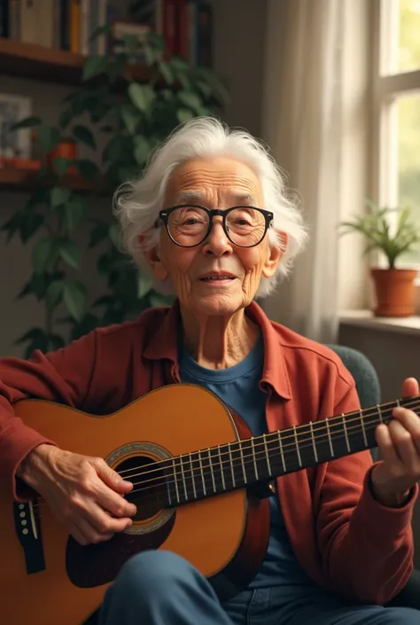  How to Reduce Exposure to T " Create a realistic and engaging illustration of an elderly person playing a musical instrument , like guitar or piano ,  with an expression of joy and well-being .  The environment must be cozy ,  conveying a sense of serenit...