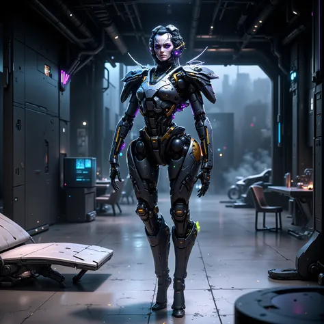 Cybernetic Female Endo Skeleton standing in a Futuristic showroom floor