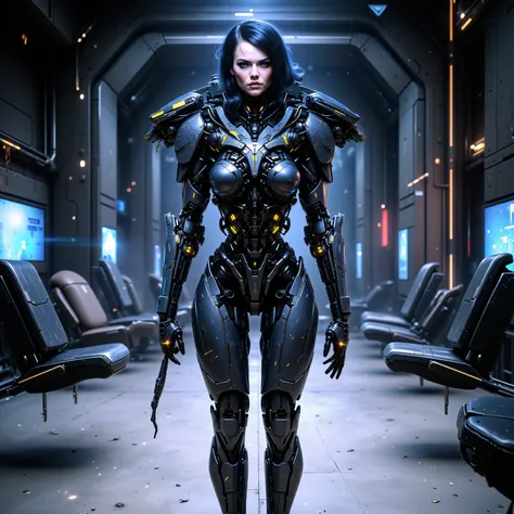 Cybernetic Female Endo Skeleton standing in a Futuristic showroom floor