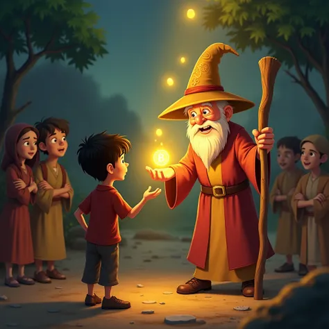 The old man suddenly smiles and lifts his" wooden staff. A golden magical glow surrounds him, revealing that he is actually a kind wizard. Ahsan looks amazed as the wizard hands him a single glowing golden coin with magical symbols on it. The villagers wat...