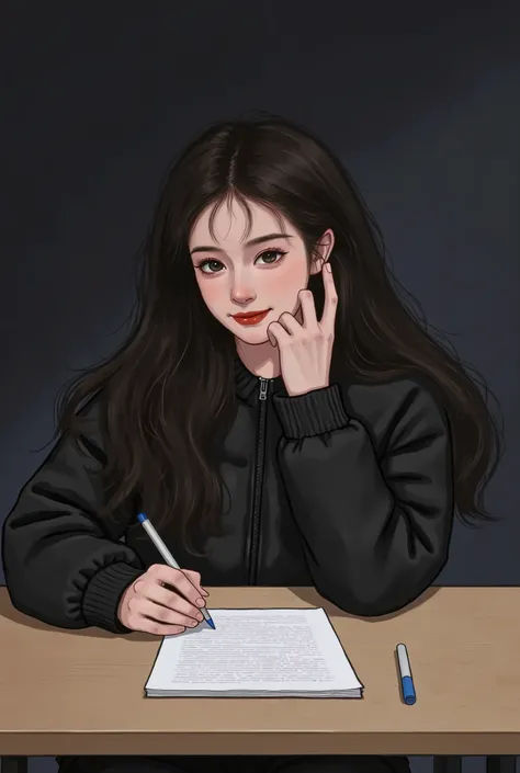 Girl writing a letter, front view, looking down on paper, dim room, not smiling,