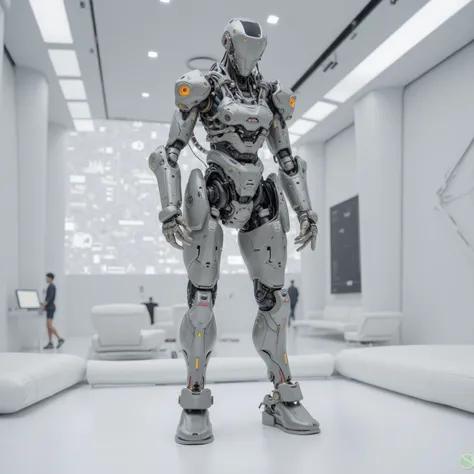 Cybernetic Male Endo Skeleton standing in a Futuristic showroom floor