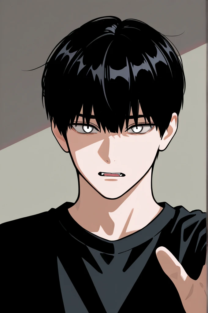 1 man, black hair,  handsome,, sharp eyes, Straight cut bangs, white eyes, Outstretched head,  irritated expression 