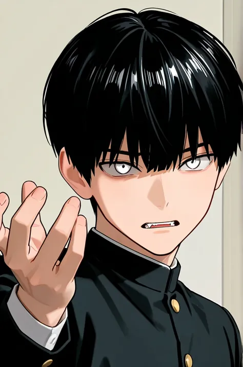 1 man, black hair,  handsome,, sharp eyes, Straight cut bangs, white eyes, Outstretched head,  irritated expression 