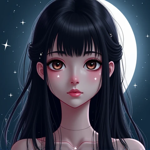 Turn her hair into black and her eyes into dark brown with still the star on her eyes. Make it with a crescent moon in the background.  Long Hair, with NO bangs. Dont remove the stars on her eyes.