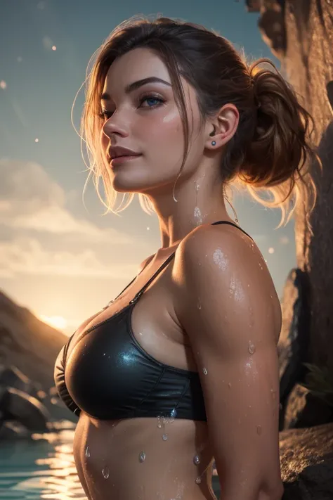 Night scene, close-up photo of Galadriel, small breasts, bathing near the waterfall, body soaked in water, lean cheeks, (sharp ears:1.2), wet hair, chin up, seductive face, no bra, stones, pure water, cleavage show, water on the body, realistic pores on th...