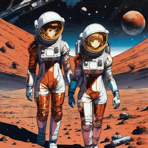 Left side: man is on dusty red Martian desert in a space suit reaching righ. Right side: pretty and cut woman weaing silver jumpsuit with auburn short hair reachinh left while on a space station with a window out to gold-brown sulfur clouds on Venus. The i...