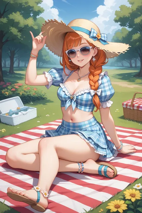 For a picnic-inspired outfit for Orihime Inoue, while keeping her navel and feet visible, here’s the design:

Top

A cropped, checkered gingham blouse with puffy sleeves and a tie-front detail, exposing her navel. The fabric is light and breathable, perfec...