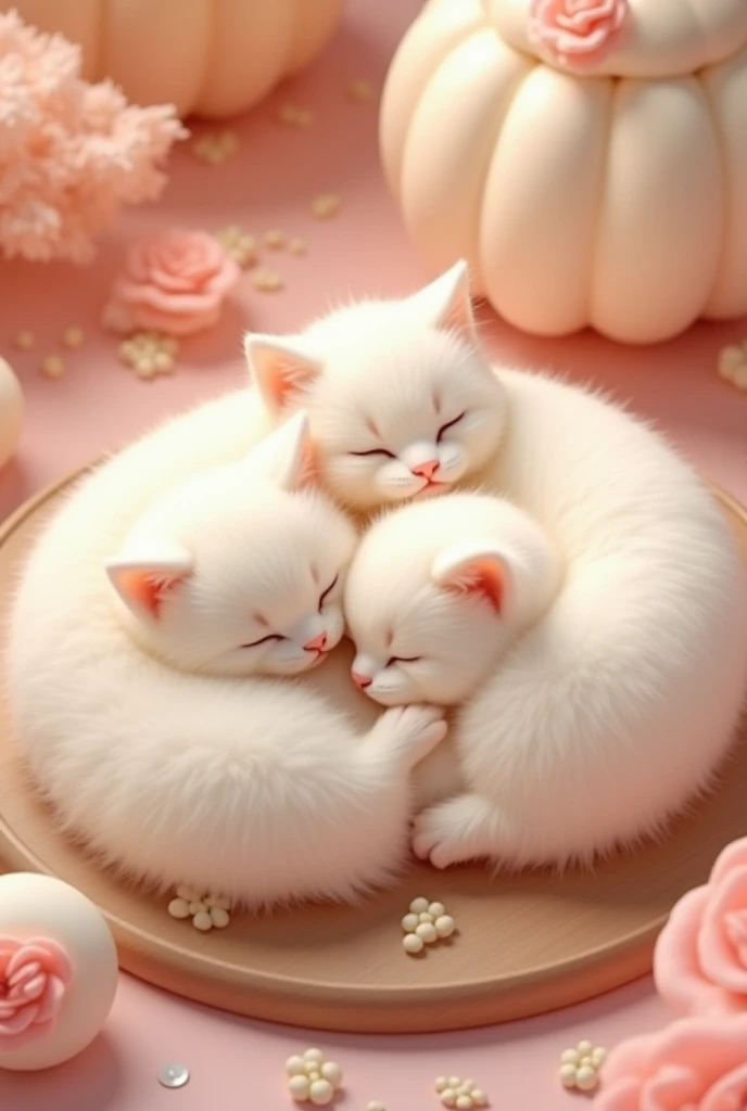 A hyper-realistic image of two fluffy kittens curled up next to each other, resembling round daifuku mochi. One kitten has soft white fur, while the other has a gentle pinkish hue, mimicking the appearance of traditional Japanese sweets. Their fur is delic...