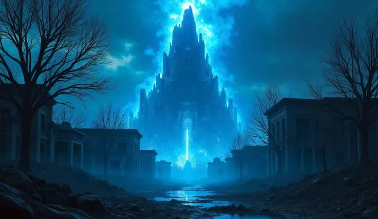 Cidade Buildings Closet City Center Meteorio Fim Pool with Empty Trees Aura of Fire Black and Blue,  black fire energy with blue, During the dark night , Epic scenario , Of the forest ruins Aguas Negra in flames blue during the night a lot of blue flames a...