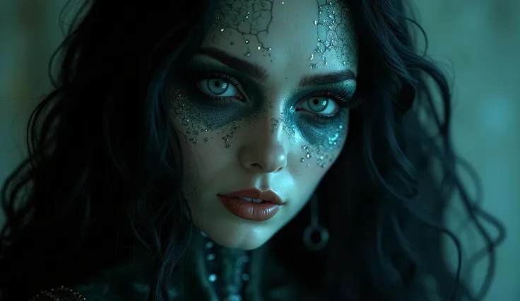 In a dark, atmospheric realm reminiscent of Hellraiser, the face of an alien queen commands attention, exuding an otherworldly allure. Her long, curly black hair frames her striking features, cascading like tendrils around her porcelain-like skin, which gl...