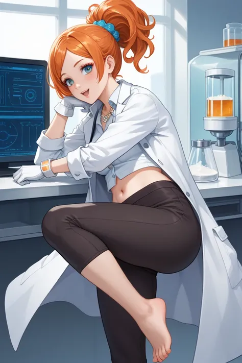 For a chemistry-inspired outfit for Orihime Inoue, while keeping her navel and feet visible, here’s the design:

Top

A cropped lab coat or button-up blouse with a subtle science or molecule pattern. The blouse is designed to expose her navel, while the la...