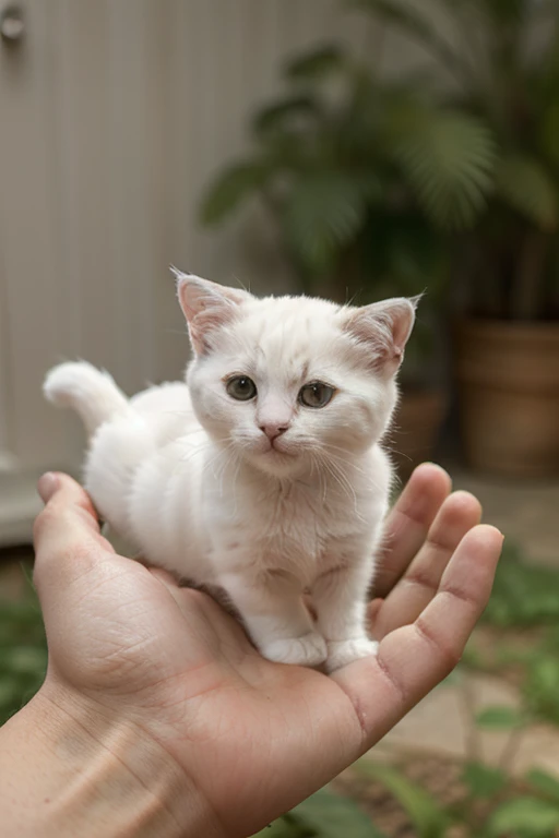 Create a picture of a small white cat animal that is so cute and so small that it can be placed on the palm of your hand