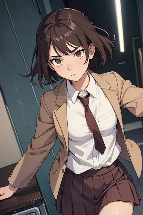 age girl in haikyuu ,  ,  sister of the Miyas  , grey eyes , thick short eyebrows with marked arc  , dark brown short shoulder-length hair, dressed in the Inarizaki school uniform(light brown/mostaza blazer , white shirt with burgundy tie , dark brown skir...