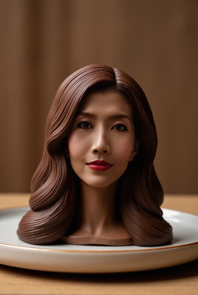 A brownie cake in the shape of the head of a beautiful Indonesian woman with long hair is placed on a ceramic plate