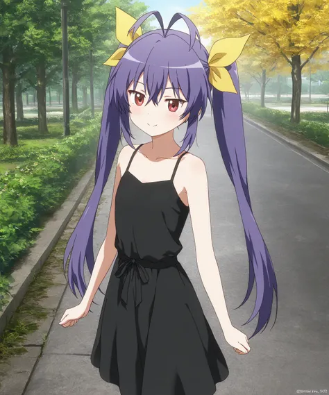 very awa, masterpiece, best quality, newest,  highres, absurdres、 There is only one 、Renge Miyauchi 、Renge Miyauchi 　No No Biyori、 purple hair、 standing、Park with trees、The sun shines in、 black dress、smile