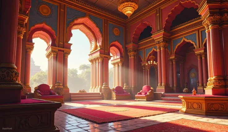 Create a scene of animated badshah  room in mahal with no one in it