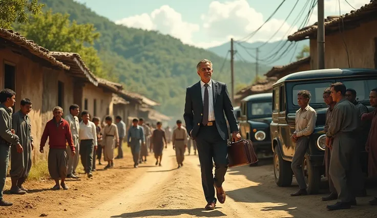 A well-dressed businessman arriving in a rural village, greeted by villagers.