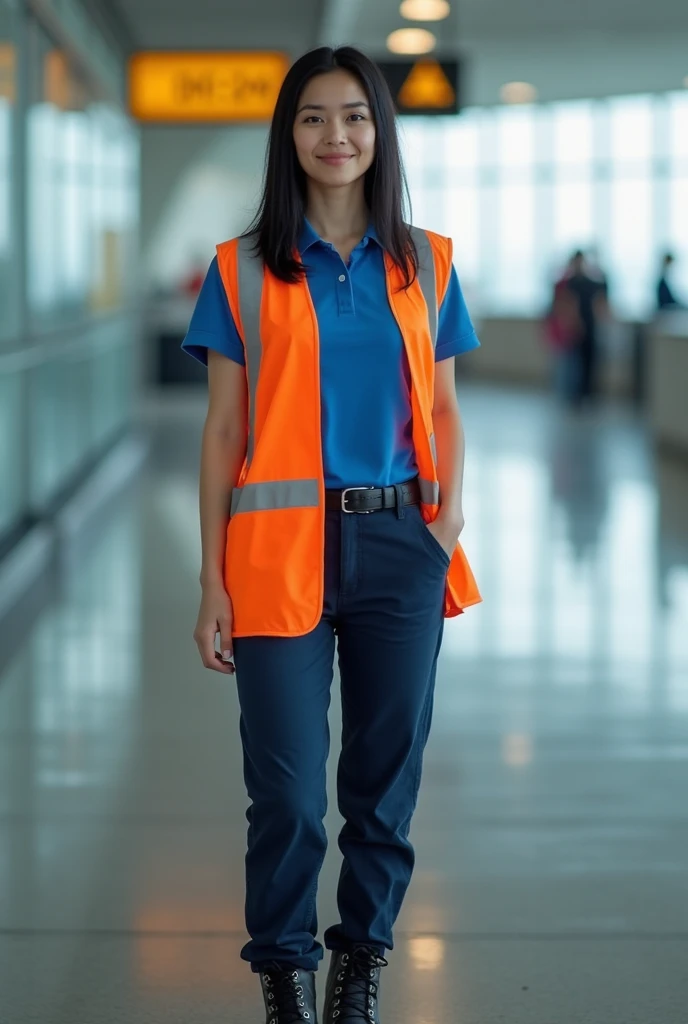  Image of a beautiful white woman , with straight black hair, with round face and little eyes .  Dressed in a short sleeve polo shirt in blue,  an orange reflective vest with pigeon straps ,  a pair of navy blue pants and a pair of industrial boots .  In a...