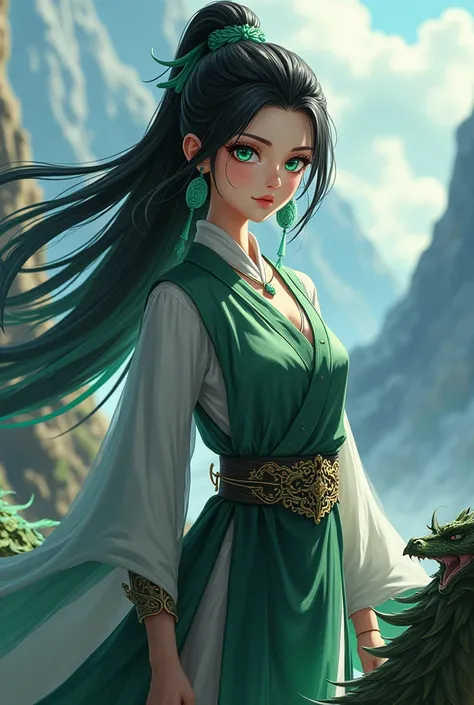  "4K anime style quality, digital drawing mode, mythology-themed anime female character, sleek black hair with emerald highlights, fierce jade green eyes, wearing a traditional warrior outfit with dragon motifs, holding dragon reins, Blur the background to...