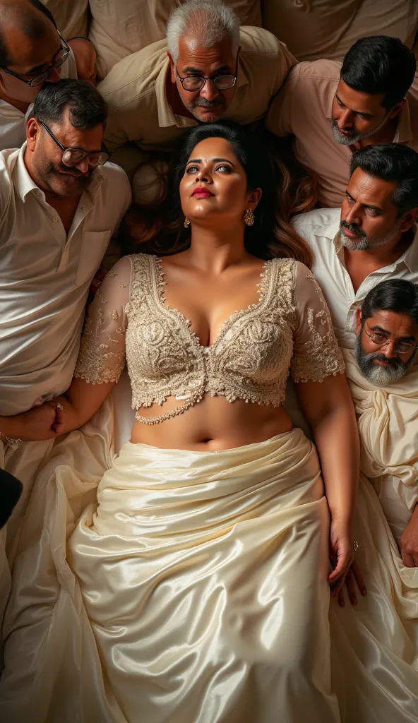 Full body image, extreme wide angle shot, wide angle picture, top view Full body image, indian hourglass body, Indian medium plus sized 25 year old Telugu bride anasuya, lovely face, mouth wide open, large swooping breasts, belley button exposed, partially...