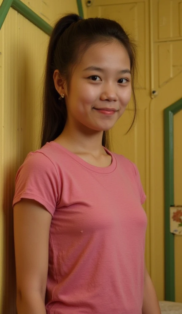 Realistic Kak Ros (Upin Ipin, Les' Copaque Production) in real life wearing a complete real Kak ros (Upin ipin, Les' Copaque Production) outfit, smiling slightly, ponytail hair, pink long tshirt, in the bedroom, yellow wooden walls and green door frames. N...