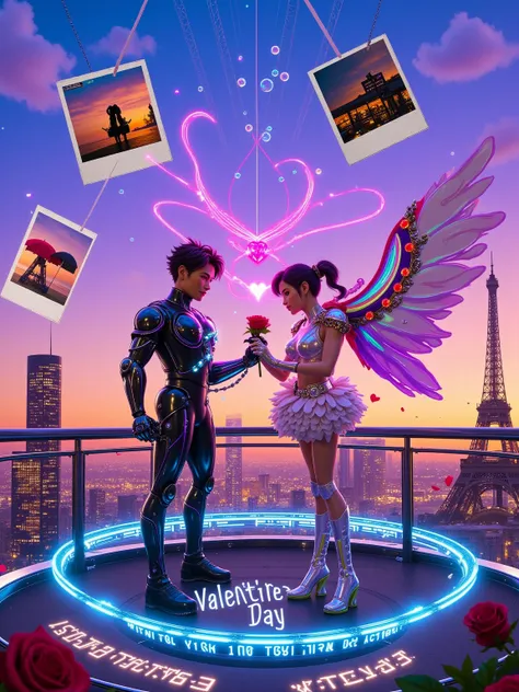 In a cyberpunk style, with high - contrast colors and strong light and shadow. The interweaving of metallic textures and neon lights. On the rooftop helipad of a future city, a couple is wearing high - tech couple outfits decorated with fluorescent lines. ...