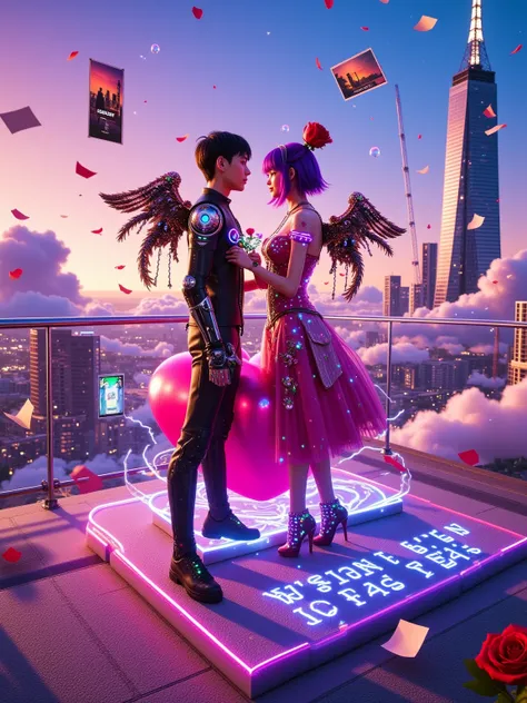 In a cyberpunk style, with high - contrast colors and strong light and shadow. The interweaving of metallic textures and neon lights. On the rooftop helipad of a future city, a couple is wearing high - tech couple outfits decorated with fluorescent lines. ...