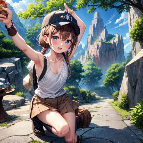  pink brown brown hair、  blue eyes、  Has hair tied  、Two cute people、  check mini skirt、  black t-shirt、 Light clothing、  tank top、  camisole with thick pubic hair、 high socks、 Boots、 teeth inside、The stone is cracked、  The Road Is Crooked 、Mountain々、fog、 ...