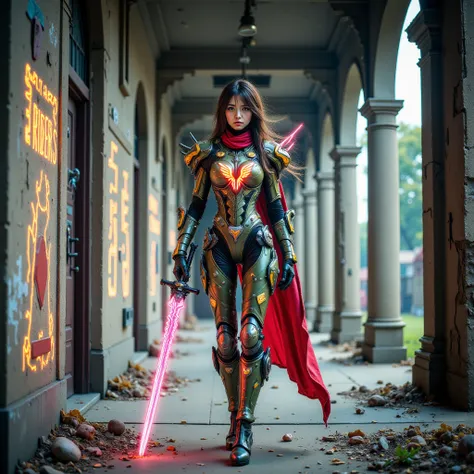 - Main Character, Beautiful Woman "Moldova", 

- Wearing a costume ("Full Sexy Armor"), a costume that embodies the form of "kamen rider X", (Armor Chest and Thighs open). 
Futuristic Costume Design, looks high-tech details. 
There is a picture of the "RID...