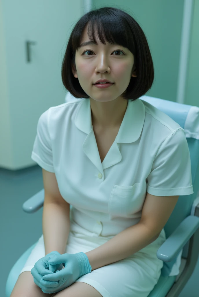 (8k、 RAW photos 、 top quality、 masterpiece:1.2)、( by Nomi、 Photoreal)、The woman has a bob haircut.、The woman's face is flushing 、The woman's face is sweating.、The woman has fair skin.、(Women have large breasts:2.0)、Women wear white nurse uniforms 、Nurse cl...