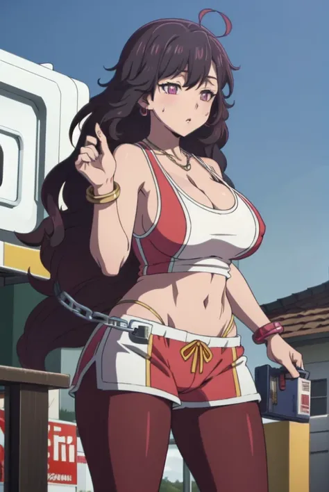 shizuka mikazuki, long messy curly hair,Sweat,Wide hips,Thick tights,Thick lips,Soft expression,chain Necklace,vertical bar earring,hoopa bracelet,long nail,car caravan,Outside,Blue sky,Eyeshadow,light blush,Needy attitude,Gaze on viewer,gonzou kosugi girl...