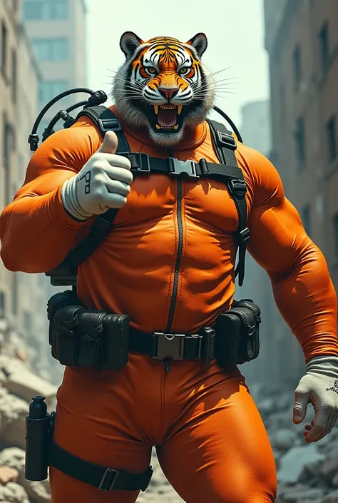 (A rugged beefy extremely muscular bulky old man), (wearing orange fully-zipped fullbody wetsuit), (wearing realistic roaring tiger mask), thumbs up pose, wearing bulky harness, wearing bulky scuba gear, muscular physique, toned muscles, fierce, heroic, ac...