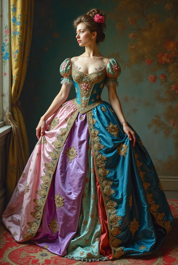 A work of art by Esao Andrews and Harriet Backer woman in green blue violet fuchsia pink shimmering satin rococo baroque dress with intricate ornaments ,coloreden,different colors,  asymmetry , and graceful curves .  The painting features opulent details  ...