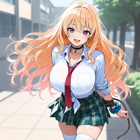 girl, fit girl , KJOmarin, blonde hair, length hair, pink eye, earrings, ear piercing, multicolored hair, score_9, score_8_ up the side, score_7_ up the side, source_Anime, Masterpiece, top quality, huge chest, Fancy fixes,1人の girl, jewelry, tie, earrings,...