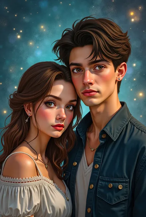 Can you create a book cover with a woman and a man (in their twenties)that can time travel and teleport and that have magic abilities
the girl looks sweet and has light brown hair,the boy is tall and has dark hair and brown eyes,he has a chubbier face he d...