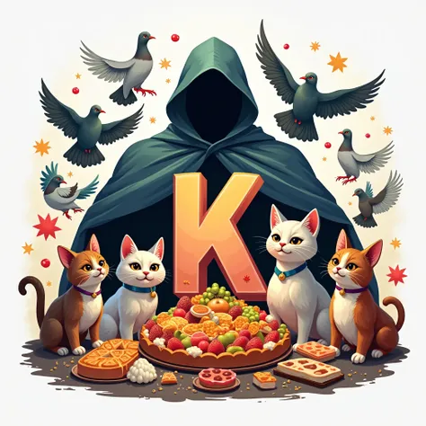 a super hero logo with cloaked letter “ K ” happy pigeons and cats and dogs with food behind