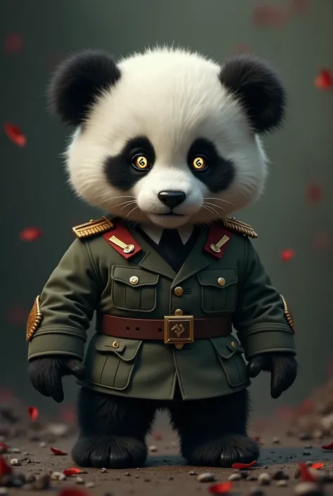 Fascist baby panda in uniform who wants to conquer the world with small swastika in his eyes, flames in the background and a cap. 