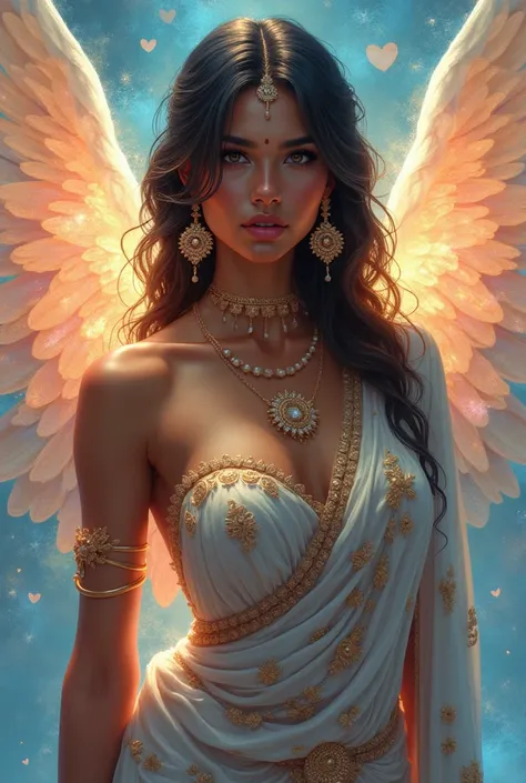 realistic photography, Indian female, angel art, chromoluminarism glass art. Ultra-realistic, bright rich colors, heavy busty figure, Mrunal