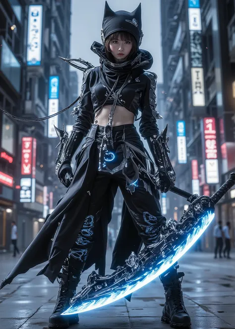   Super real full body photo    ,   young girl  ，身穿龐克風连帽 Knights Templar裝,   holding a blue glowing sword  , Knights Templar，  with cyberpunk city in the background  