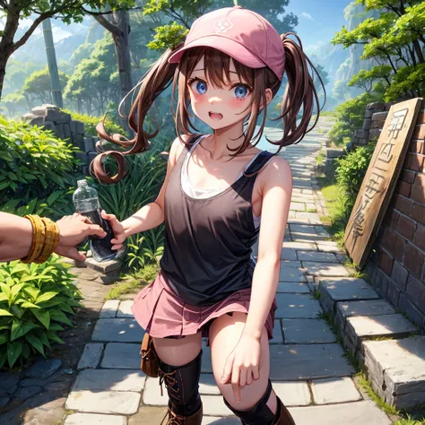  pink brown brown hair、  blue eyes、  Has hair tied  、Two cute people、  check mini skirt、  black t-shirt、 Light clothing、  tank top、  camisole with thick pubic hair、 high socks、 Boots、 teeth inside、The stone is cracked、  The Road Is Crooked 、Mountain々、Stick...