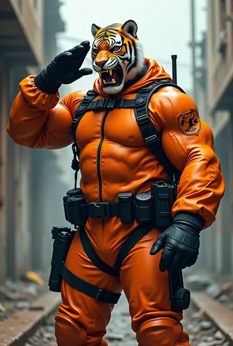 (A rugged beefy extremely muscular bulky angry old man), (wearing orange fully-zipped fullbody wetsuit), (wearing realistic roaring tiger mask), saluting, wearing bulky harness, wearing bulky scuba gear, muscular physique, toned muscles, fierce, heroic, ac...