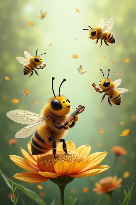 Beautiful bees fly on leaves and sing songs.  with wings play musical instruments: violin , drum, pipe,  guitar, rich.  Some bees have a compass and a map in their paws.  They have fun jumping over and flying over and singing. A couple of bees are sitting ...