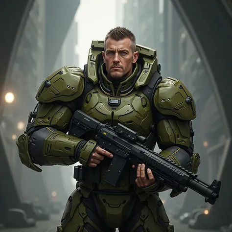 Male, short cropped brown hair, Hazel Eyes, Wearing an Olive Green Heavy Exo Skeletal Powered Armor, Holding a large rifle in his hands, Standing in a Futuristic Military Base