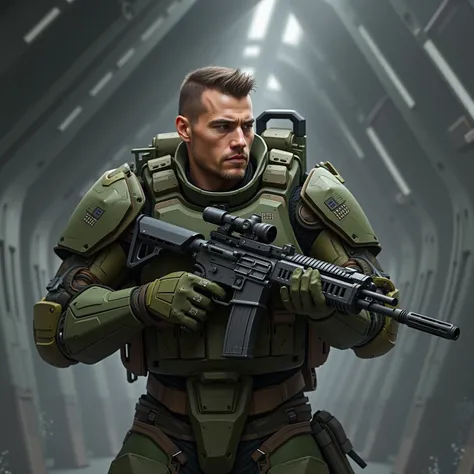 Male, short cropped brown hair, Hazel Eyes, Wearing an Olive Green Heavy Exo Skeletal Powered Armor, Holding a large rifle in his hands, Standing in a Futuristic Military Base