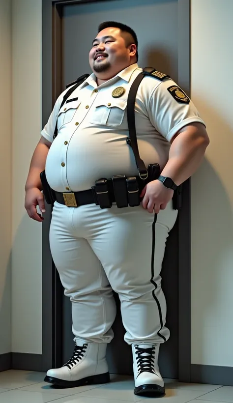 One fat men, weight 130kg, realistic, wearing  long sleeve uniform police details,  police traffic Malaysia, wearing tight white sheriff pants details, stylo6 hand, body stand back at middle wall, hand put at waist,  smile, big belly, black hair, short hai...