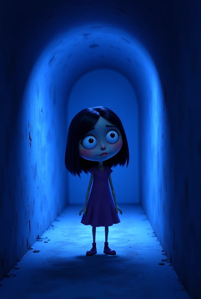 arafed image of a cartoon character in a tunnel of blue and purple, coraline, dreamworks animated bjork, the'other mother'from'coraline ', laika films, animated movie still, animated film, still from animated horror movie, in a tim burton movie, animated m...