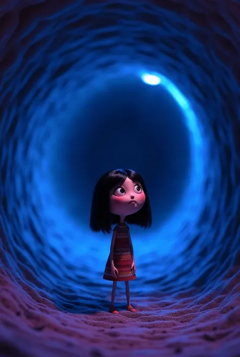 arafed image of a cartoon character in a tunnel of blue and purple, a picture by Pixar, tumblr, pop surrealism, coraline, dreamworks animated bjork, the'other mother'from'coraline ', laika films, animated film, animated movie still, still from animated hor...