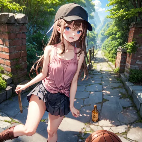  pink brown brown hair、  blue eyes、  Has hair tied  、Two cute people、  check mini skirt、  black t-shirt、 Light clothing、  tank top、  camisole with thick pubic hair、 high socks、 Boots、 teeth inside、The stone is cracked、  The Road Is Crooked 、Mountain々、Stick...