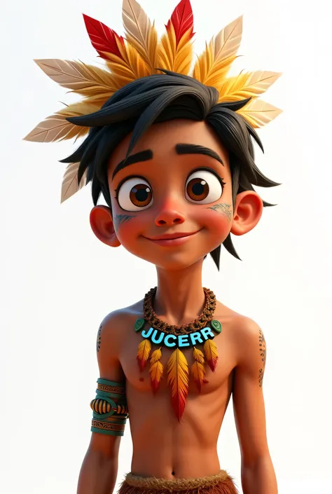  CREATE A young indigenous person from the Amazon ,  ABOUT 25 YEARS OLD ,  in Pixar's vibrant and expressive style /Disney.  It has soft and captivating features ,  with large, thin eyes that convey a deep connection with nature.  Your skin is tanned,  and...